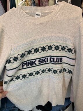 PINK Victoria's Secret grey Sweater with Green & Navy Accents